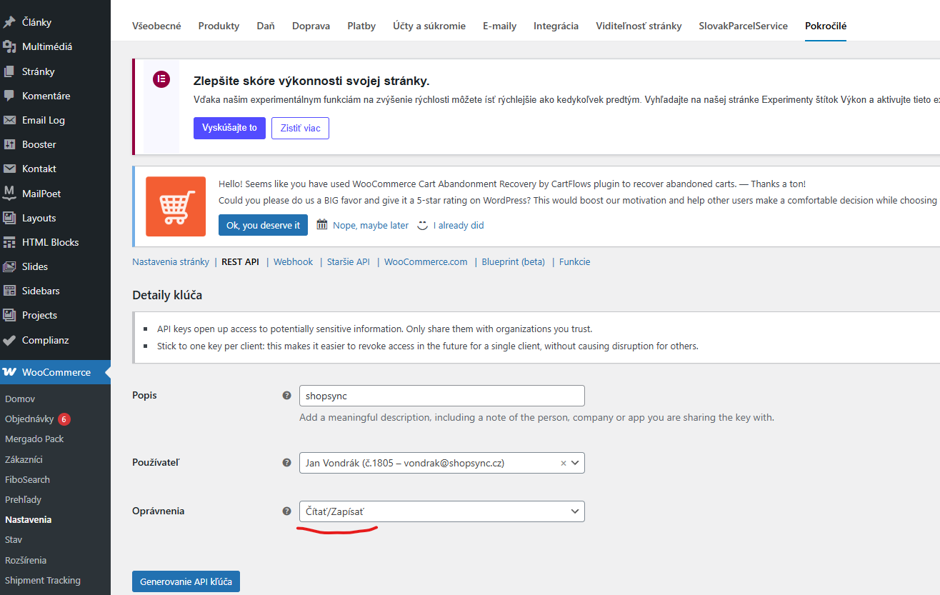 WooCommerce – založení REST API klíče