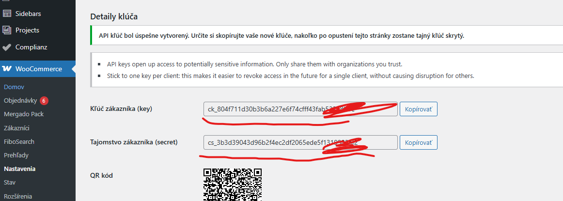 WooCommerce – vygenerovaný Consumer key a Consumer secret