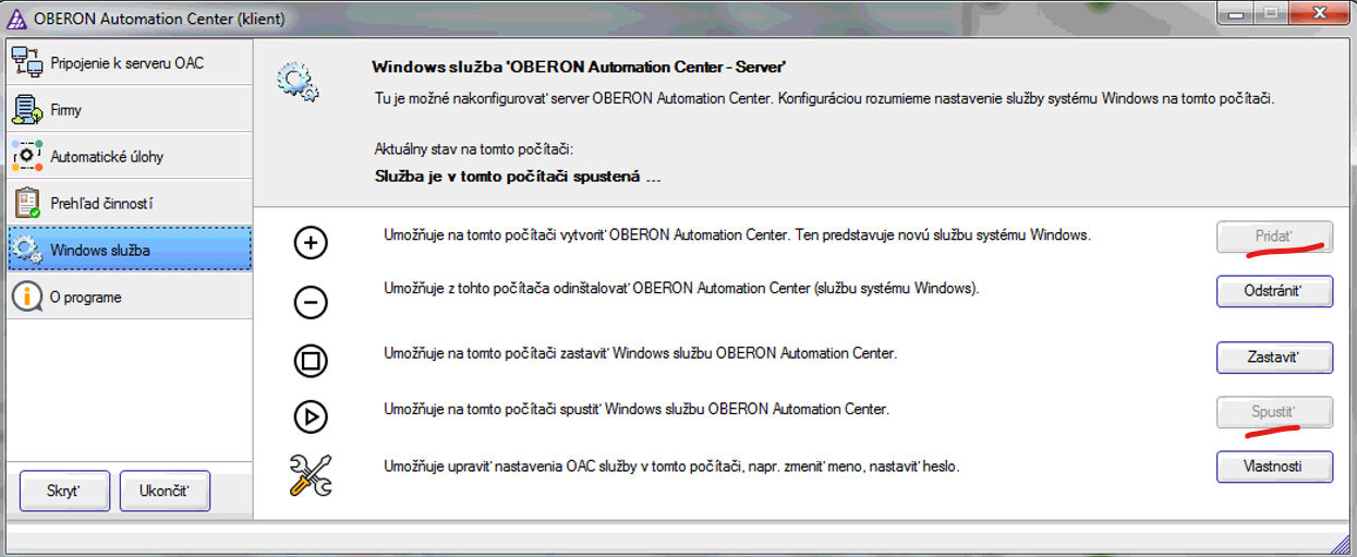 Nastavení Windows služby s kritickými prvky