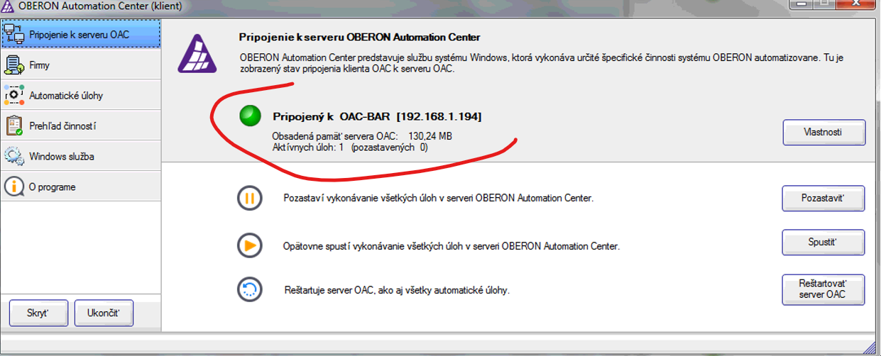 Připojení k serveru s kritickými prvky
